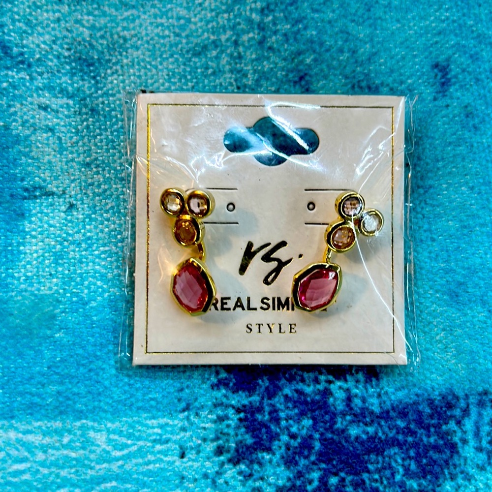 NEW Real Simple Gold w Pink & Clear Earrings